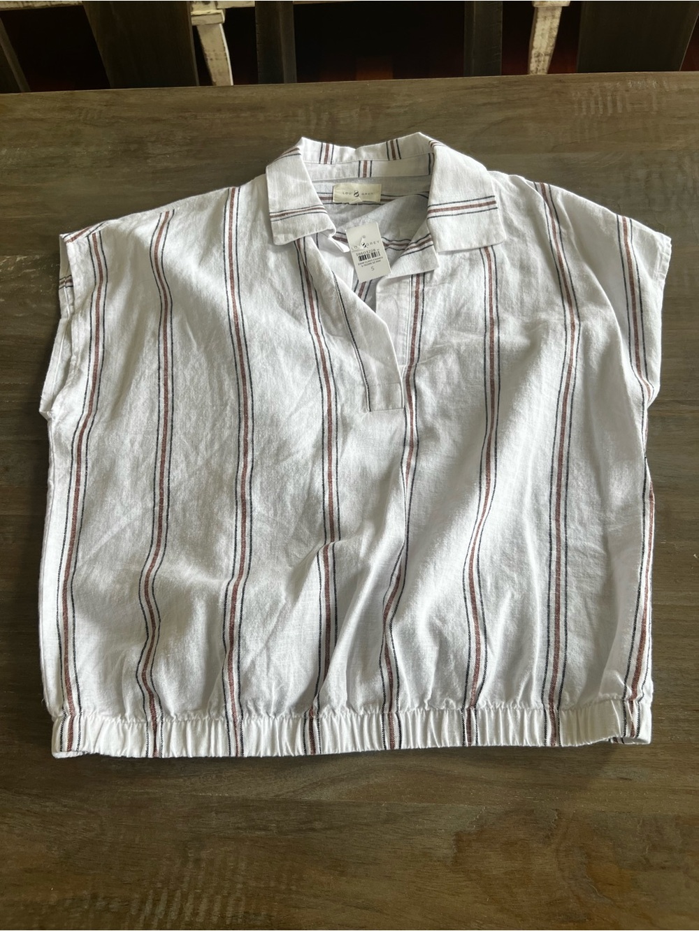 LOFT White Short-Sleeve Collared Pullover with Burgundy Stripes